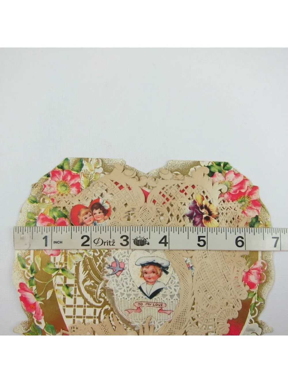 Antique Valentine Die cut Heart LARGE Boy Sailor Angel Girl Fishing UNSIGNED